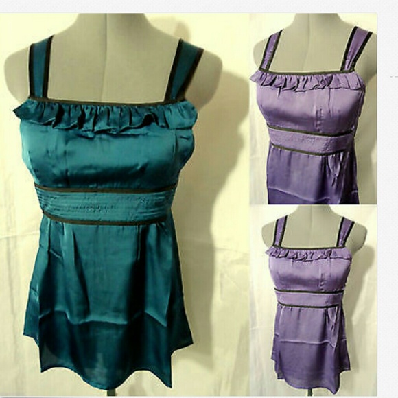 Minuet Petite Tops - Nwt MINUET Satin Blouse Ruffled Empire Teal Purple